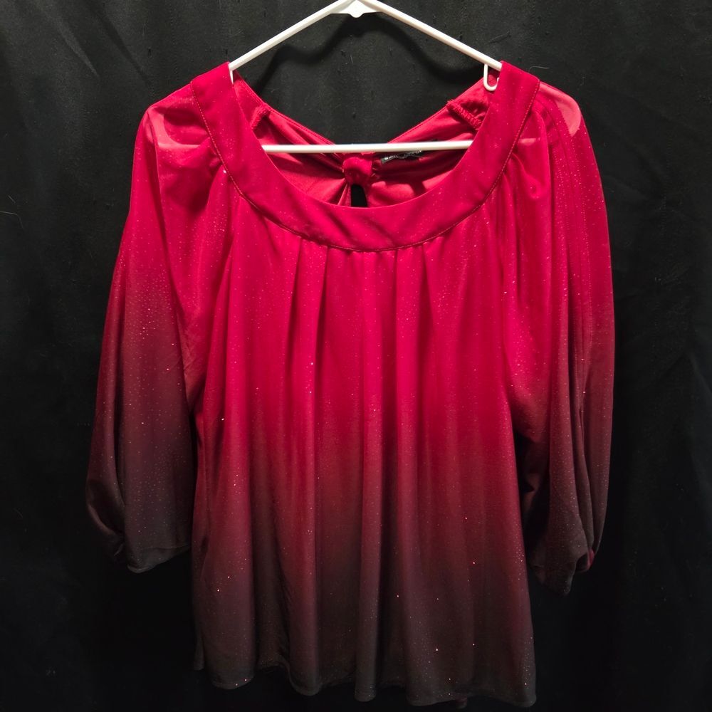 Holiday Ombré Glitter Sara Michelle Red Black Blouse Top L Shimmer